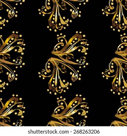 Seamless pattern of golden flowers on a black background.