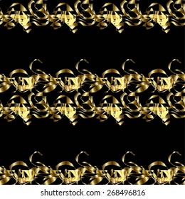 Seamless pattern of golden flowers on a black background.
