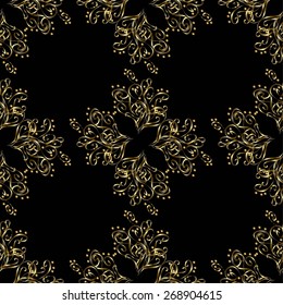 Seamless pattern of golden flowers on a black background.