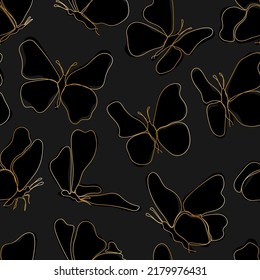 Seamless pattern with golden flying butterflies on dark background. Cover of planner, bullet journal, decor for children’s room, textile, greeting card. One line art vector illustration