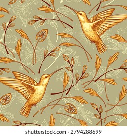 Seamless pattern with golden flying hummingbird, elegant twigs, sprigs. Beige background with outline leaves, butterfly, dragonfly behind. Print in art nouveau style. Fantasy nature