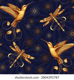 Seamless pattern with golden flying hummingbird, dragonfly, scattered flowers. Dark blue background with radial beams. Fantasy bright print in vintage style.