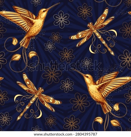 Seamless pattern with golden flying hummingbird, dragonfly, scattered flowers. Dark blue background with radial beams. Fantasy bright print in vintage style.