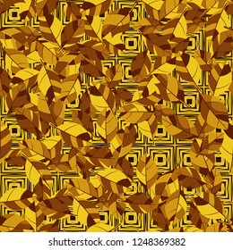 Seamless pattern. Golden foliage on checkered texture background.