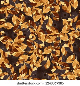 Seamless pattern. Golden foliage on checkered texture background.