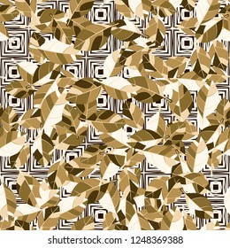 Seamless pattern. Golden foliage on checkered texture background.