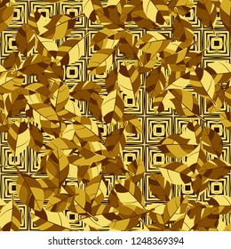 Seamless pattern. Golden foliage on checkered texture background.