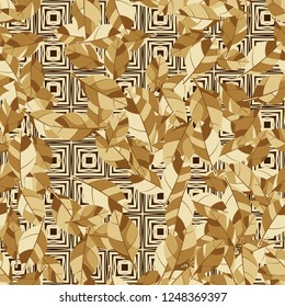 Seamless pattern. Golden foliage on checkered texture background.