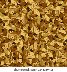 Seamless pattern. Golden foliage on checkered texture background.