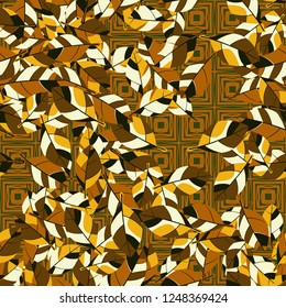 Seamless pattern. Golden foliage on checkered texture background.