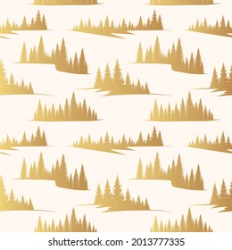 Seamless pattern with golden forest trees silhouettes. Vector isolated background with gold fir landscape. Hand drawn foliage texture for fabric.