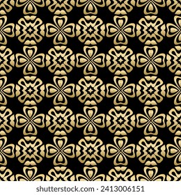 Patrón sin brillo con adorno funerario dorado sobre fondo negro. Plantilla para diseño en estilo vintage.
