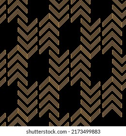 Seamless pattern with golden geometric elements on black background. Vintage illustration. 