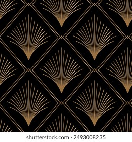 Patrón sin fisuras con Elementos geométricos dorados sobre fondo negro. Estilo Art Deco. Estampado de Vector de lujo con Elementos dorados. Fondo interior