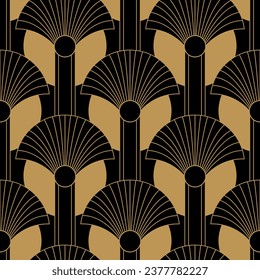 Seamless pattern with golden geometrical elements on black background. Art deco style. Vector print