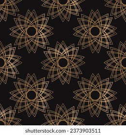 Nahtloses Muster mit goldener geometrischer Blume auf schwarzem Hintergrund. Vektorgrafik. 
