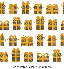 Seamless pattern of golden gift boxes isolated on white background. Modern design for Holidays decoration, wrapping paper, print, fabric or textile. Vector illustration.