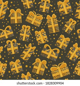 Seamless pattern of golden gift boxes isolated on black background. Modern design for Holidays decoration, wrapping paper, print, fabric or textile. Vector illustration.