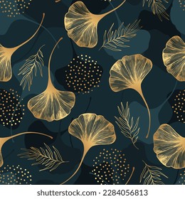 Seamless pattern of golden gingko leaf. An endless pattern of green leaves. For wrapping paper. Ideal for wallpaper, surface textures, textiles.