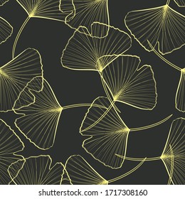 Seamless pattern with golden ginkgo leaves. Natural simple dark background.