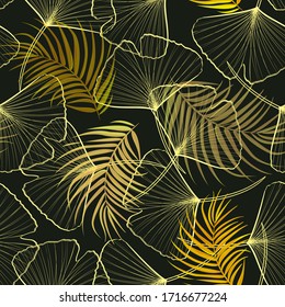 Seamless pattern with golden ginkgo and palm leaves. Natural simple dark background.