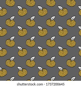 Seamless pattern with golden glitter apple on gray background. Vector illustration.