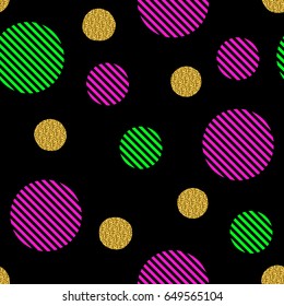 Seamless pattern with golden glitter circles and colored stripes circles on a black background. It can be used for printing on fabric, design, wrapping paper