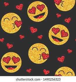 Seamless pattern with golden glitter emoji icon on black background. Emoticons sticker with kiss and red heart. Luxury emoji symbol for social media, blog or chat. Isolated vector illustration 