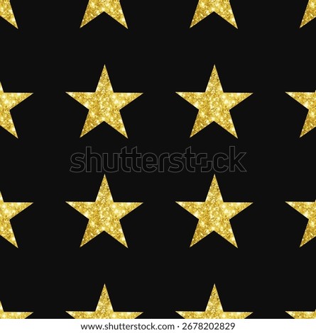 Seamless pattern with golden glitter stars. Shiny, sparkling texture on a solid black background. Perfect for festive Christmas and New Year's designs, wrapping paper, holiday invitations, and party d