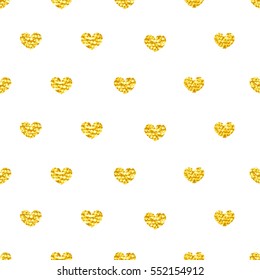Seamless pattern with golden glitter texture shining hearts on white background. Valentine's day endless background. Art vector illustration.