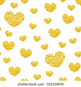 Seamless pattern with golden glitter textured  hearts on white background. Valentine's day endless background. Art vector illustration.