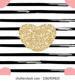 Seamless pattern with golden glittering heart and hand drawn stripes. Glitter gold vector design texture for Valentine's day holiday, woman day, birthday greeting cards, sales, banner.
