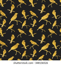 Seamless pattern with golden glittery birds on black. Vector illustration.
