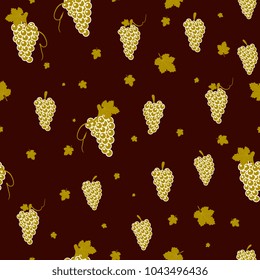 seamless pattern of golden grape twigs with leaves and berries on dark background. Vector. Designs for textiles, paper, fabrics, wallpaper.