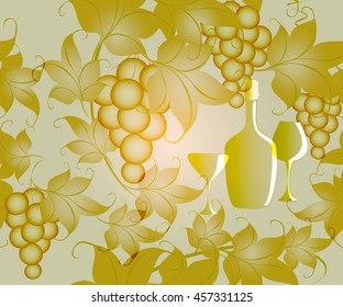 Seamless pattern with golden grapes and wine. EPS10 vector illustration