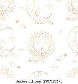 Seamless pattern with golden graphic sun and moon. Vector