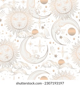 Patrón sin foco con sol gráfico dorado y luna. Vector