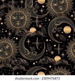 Seamless pattern with golden graphic sun and moon. Vector