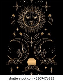 Seamless pattern with golden graphic sun and moon. Vector