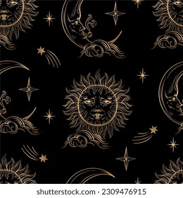Seamless pattern with golden graphic sun and moon. Vector
