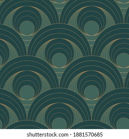 Seamless pattern with golden and green circles on green. Vector illustration.