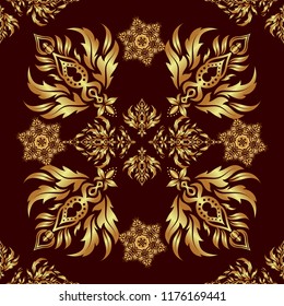 Seamless pattern with golden grid on a brown background. Vector square composition with golden vintage ornament.