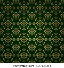 Seamless pattern with golden grid on a green background. Vector square composition with golden vintage ornament.