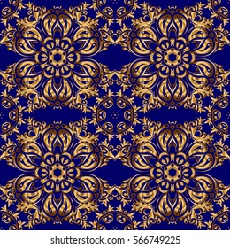 Seamless pattern with golden grid on a blue background. Vector square composition with golden vintage ornament.