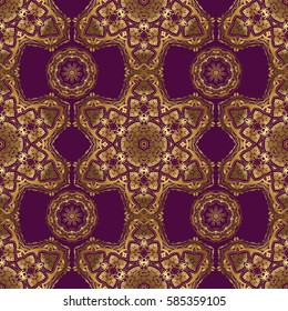 Seamless pattern with golden grid on a purple background. Vector square composition with vintage ornament.