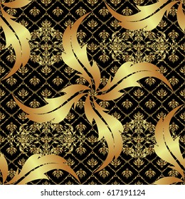 Seamless pattern with golden grid on a black background. Vector square composition with golden vintage ornament.