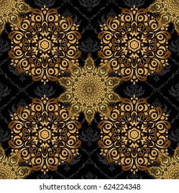 Seamless pattern with golden grid on a black background. Vector square composition with golden vintage ornament.