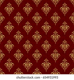 Seamless pattern with golden grid on a red background. Vector square composition with golden vintage ornament.