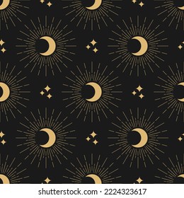 Seamless pattern with golden half moon, crescents  and stars on black background. Night, sky, dream, sleep ornament. Mystic, magic, sorcery wallpaper. Celestial print. birth chart.