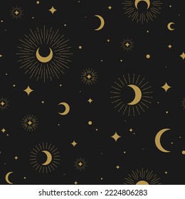 Seamless pattern with golden half moon, crescents, stars and sparkles on black background. Night, sky, dream, sleep ornament. Mystic, magic, sorcery wallpaper. Celestial print. birth chart.